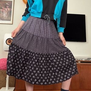 Vintage tiered, blue and white floral midi skirt